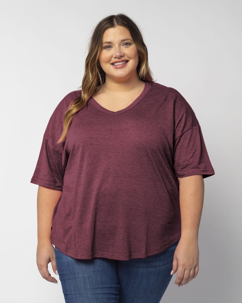 Front of a model wearing a size 1X V-Happy Jersey in Maroon by chicka-d. | dia_product_style_image_id:289415
